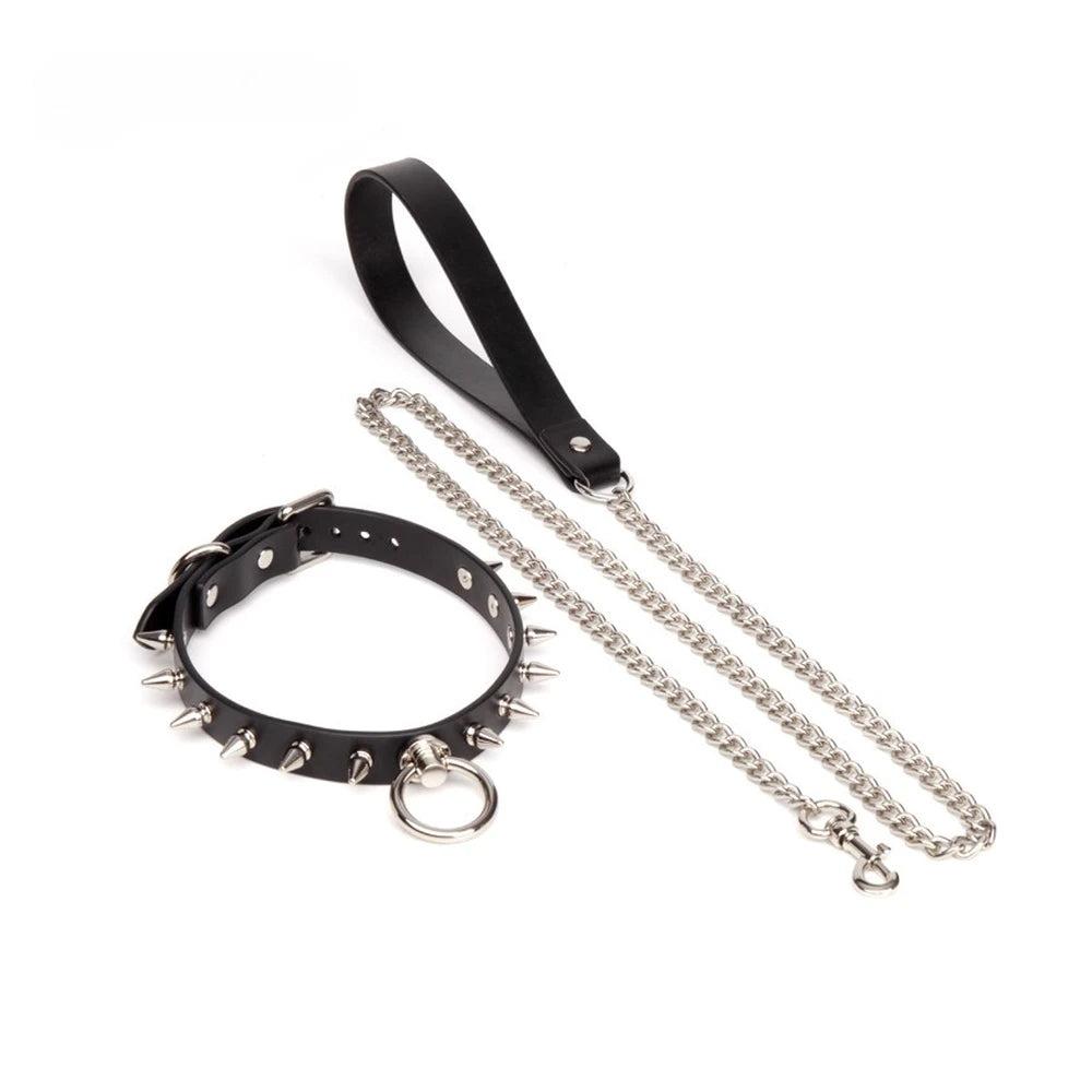 Spiked O-Ring Spiked Bondage Collar with Leash - product image 3