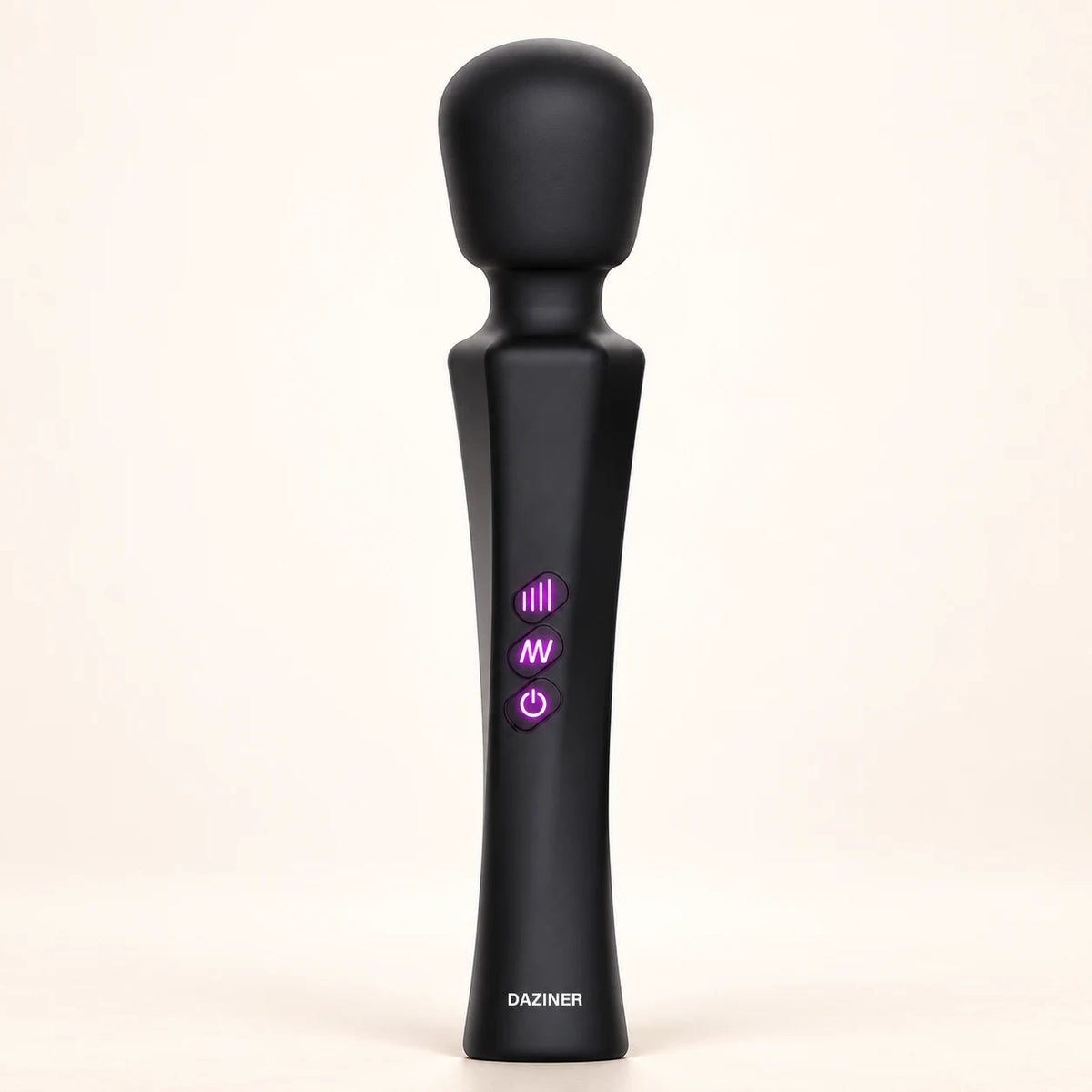 Black DAZINER Aura wand massager on a warm ivory background