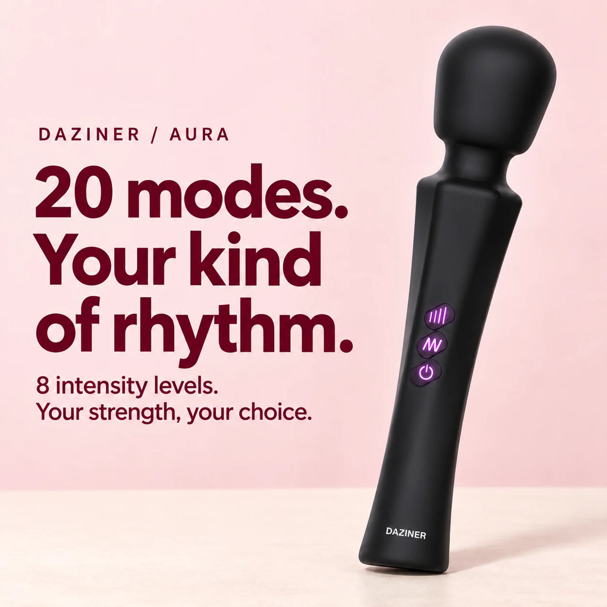 Aura wand massager with 20 vibration modes and 8 separately adjustable intensity levels