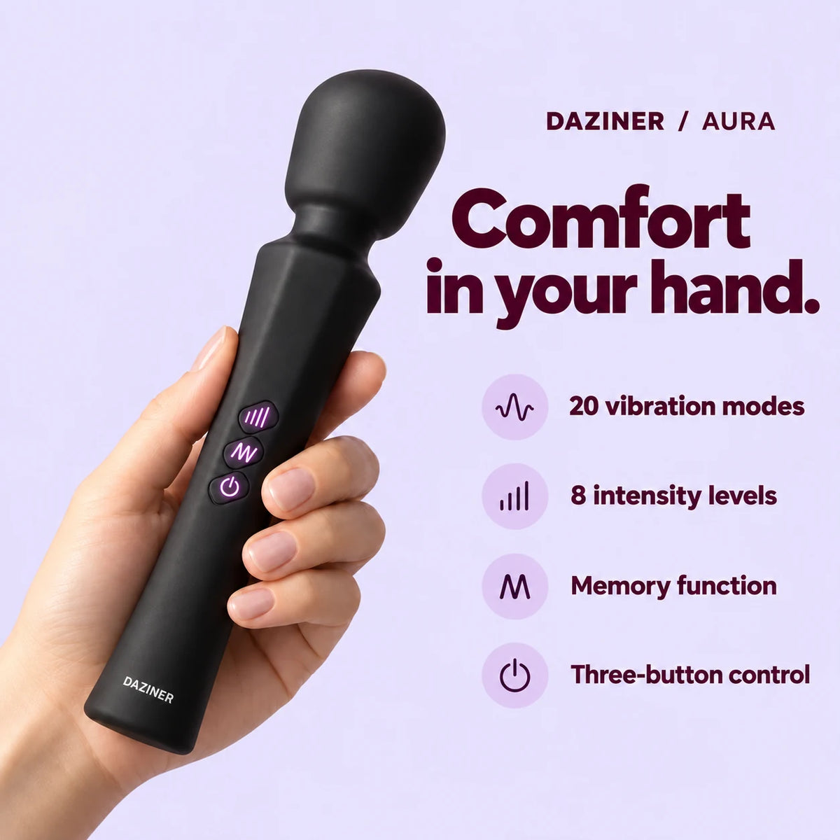 Aura wand held in an adult hand, showing 20 vibration modes, 8 intensity levels and three-button control