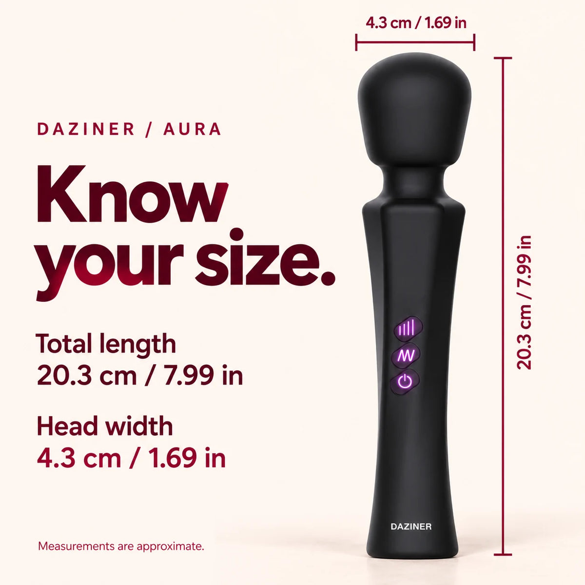 Aura wand dimensions: total length 20.3 cm or 7.99 in; head width 4.3 cm or 1.69 in