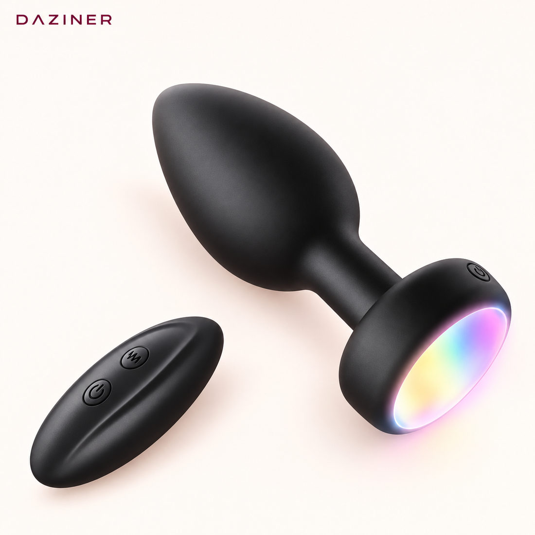 DAZINER Glow black silicone vibrating plug with multicolour LED base and wireless remote