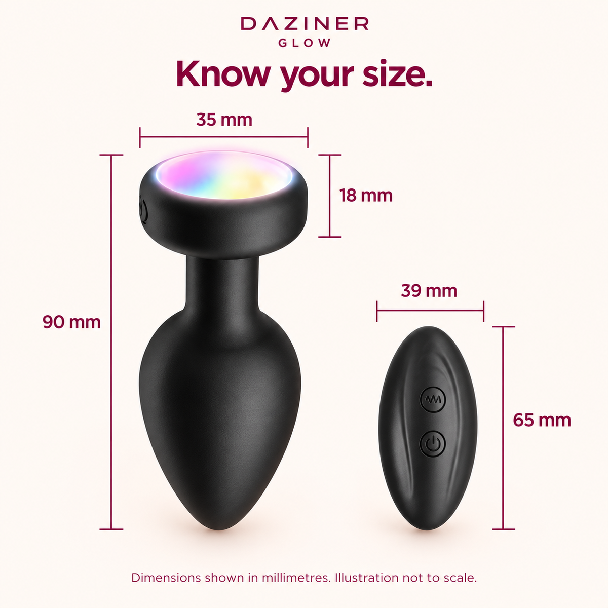Glow dimensions: overall length 90 mm, base width 35 mm and height 18 mm; remote 65 by 39 mm