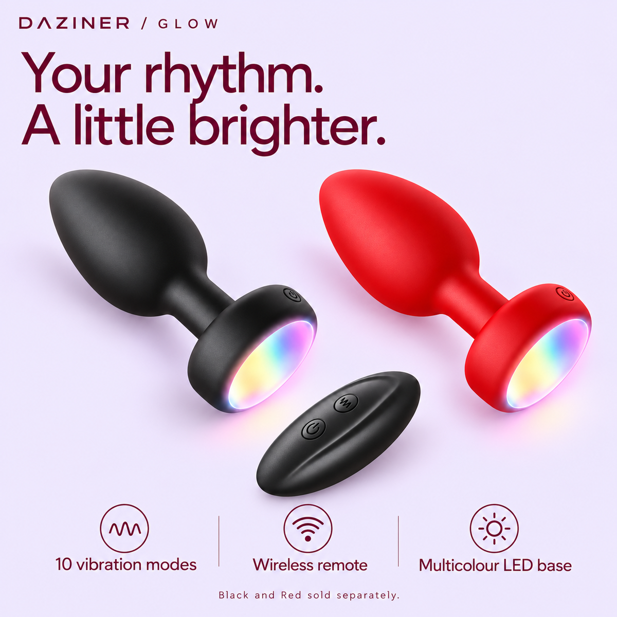 DAZINER Glow 10 vibration modes, wireless remote and multicolour LED base; Black and Red sold separately