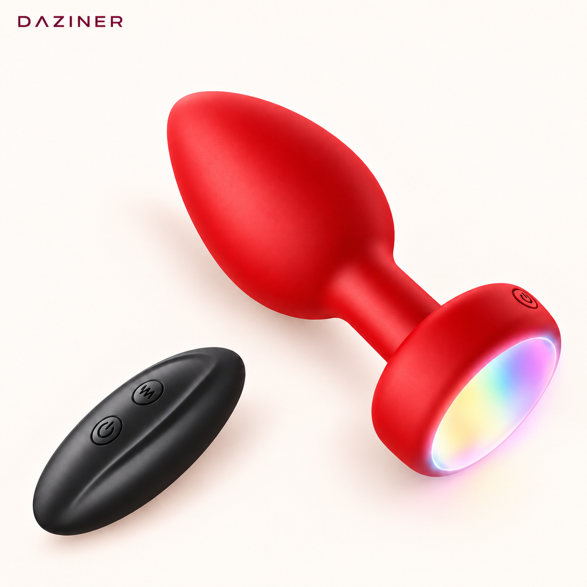 DAZINER Glow red silicone vibrating plug with multicolour LED base and black wireless remote