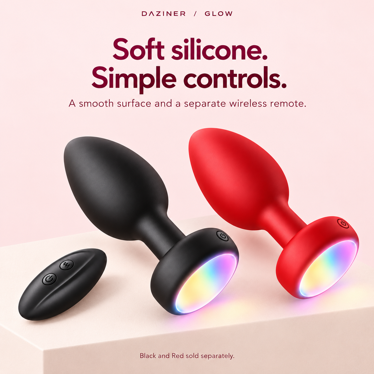 DAZINER Glow smooth silicone design and separate wireless remote; Black and Red sold separately
