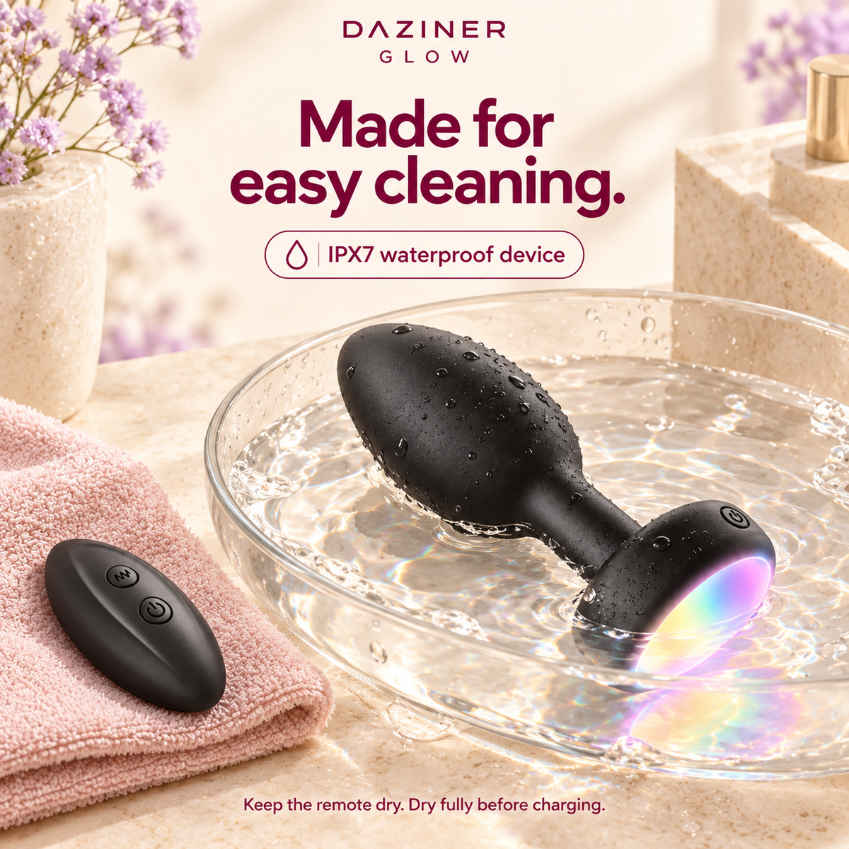 DAZINER Glow IPX7 waterproof device for cleaning, with the wireless remote kept dry