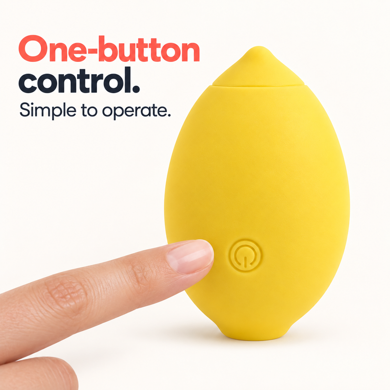 Finger demonstrating the single front control button on the Lemon massager