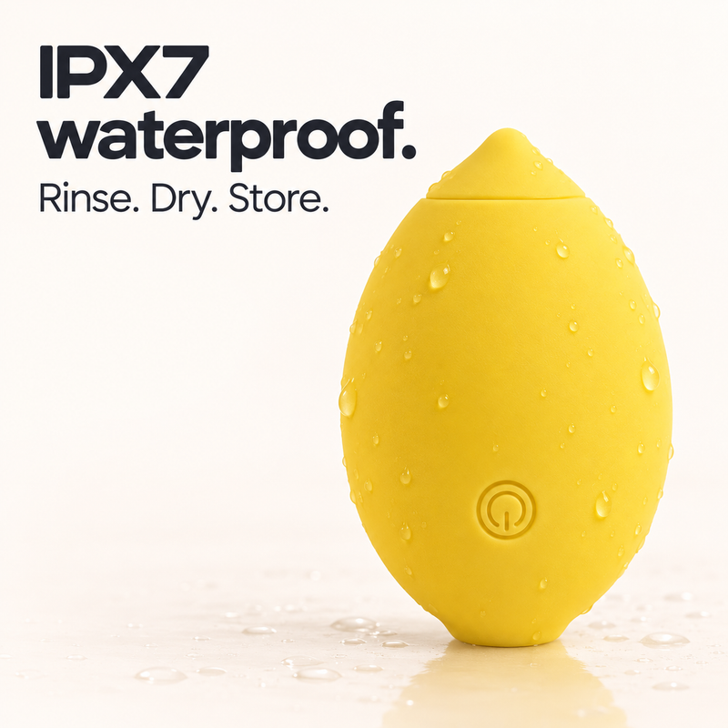 Lemon massager with water droplets and IPX7 rinse, dry and store guidance