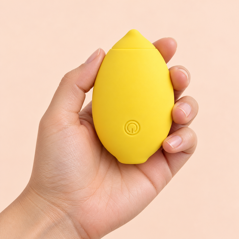 Adult hand holding the compact yellow Daziner Lemon personal massager