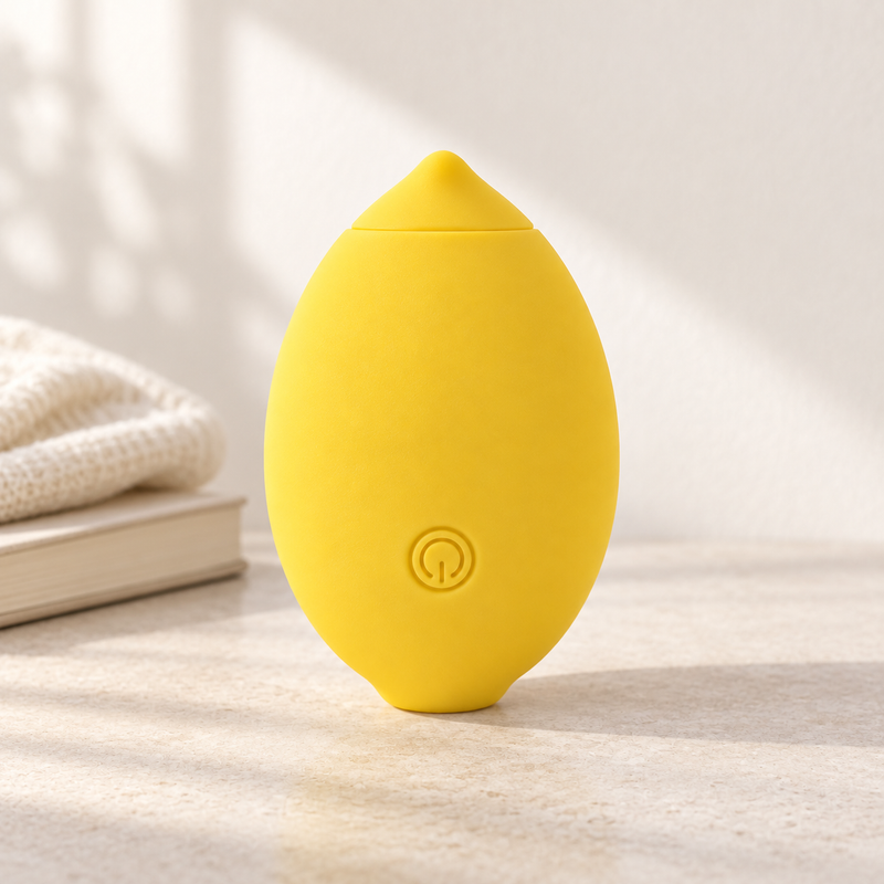Yellow Daziner Lemon massager on a light tabletop in a simple home setting