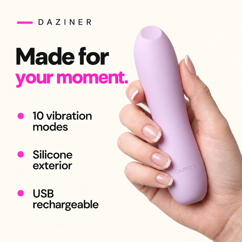 Daziner purple bullet vibrator held in hand, showing its silicone exterior