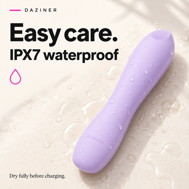 IPX7 waterproof Daziner vibrator; dry fully before charging