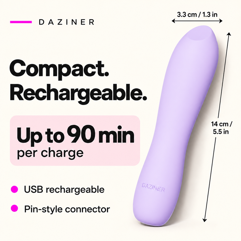 Daziner vibrator dimensions: 14 cm by 3.3 cm; USB rechargeable, up to 90 minutes