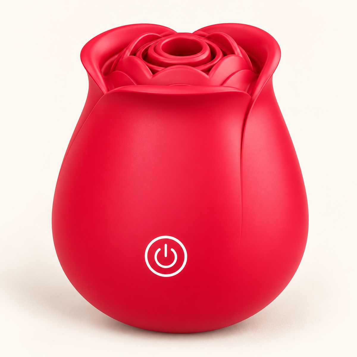 Red rose-shaped suction stimulator with layered petals and a single front power button