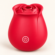 Red rose-shaped suction stimulator with layered petals and a single front power button