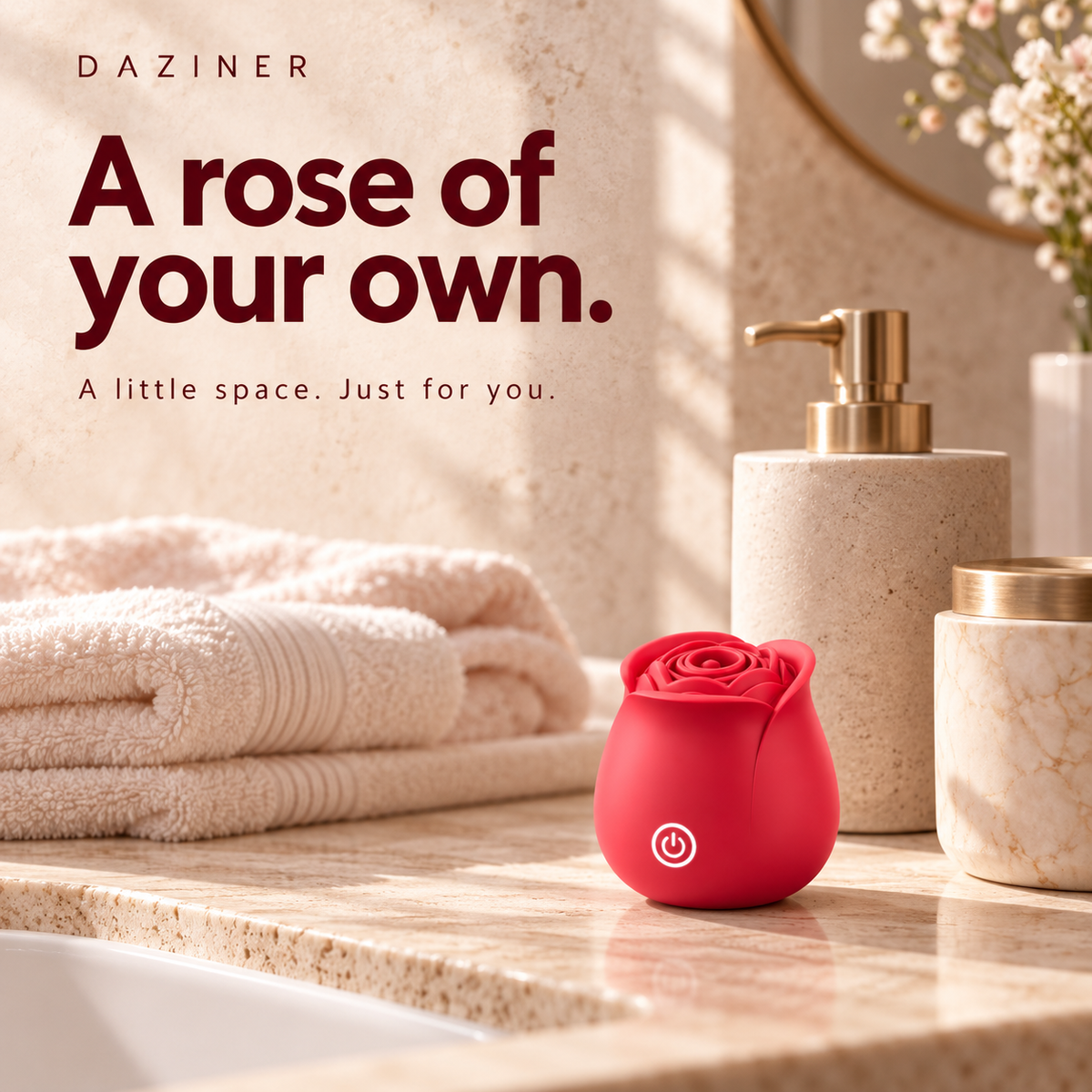 DAZINER Rose standing dry on an ivory bathroom vanity