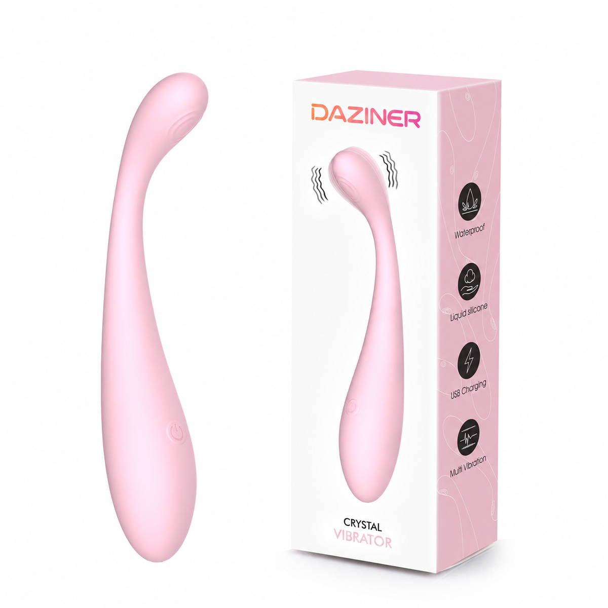 Daziner Crystal WY0714 - pink curved vibrator with branded packaging