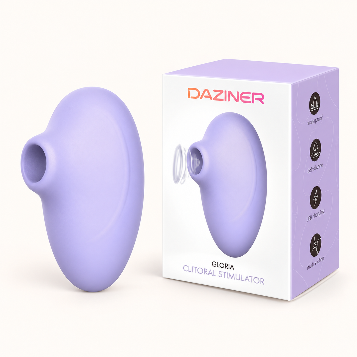 Daziner Gloria WY0735 - lavender suction stimulator with branded packaging
