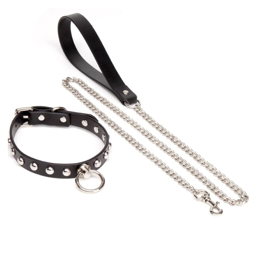 Studded Chain O-Ring Studded Bondage Collar with Leash - product image 6